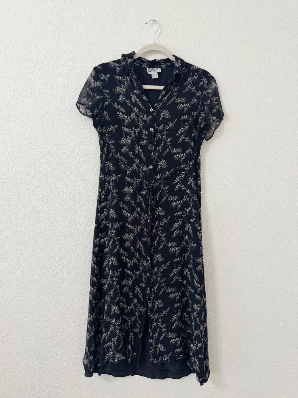 Robbie Bee Petite 100% Silk Black Floral Button Front Maxi Dress 6P
